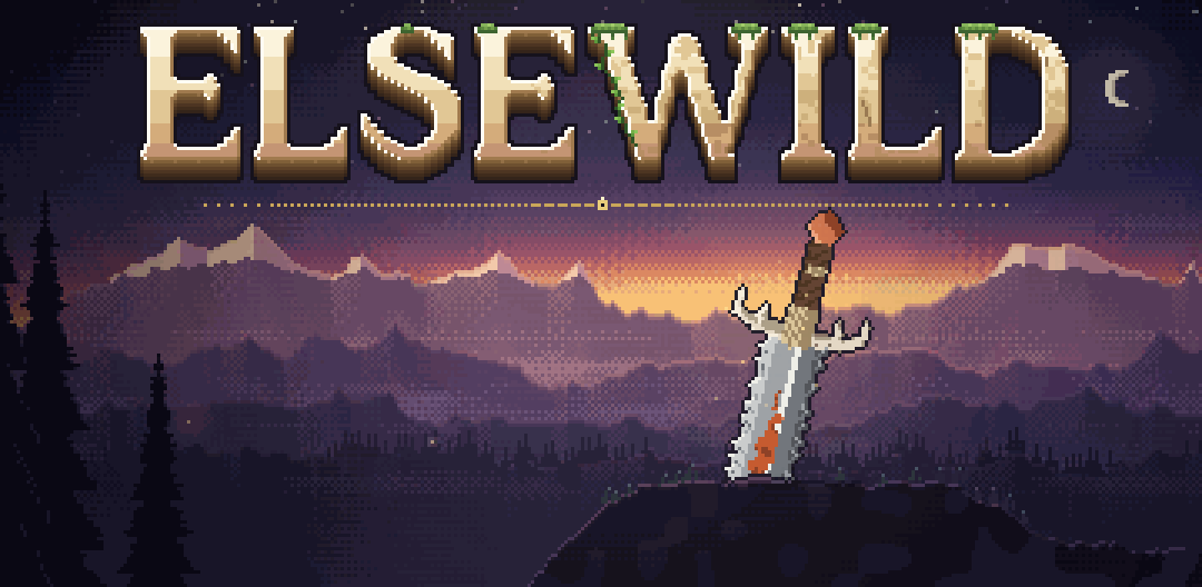 ELSEWILD: a greatsword stands in a ledge before mountains at dusk